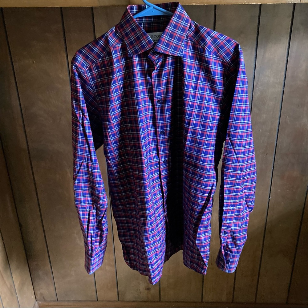 Eton Signature Twill Shirt Mens 15 1/2 39 Red Plaid Long Sleeve Button Up